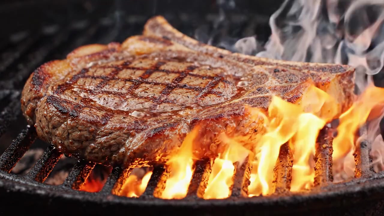 Bistecca succosa e saporita che cuoce sulla griglia con fiamme danzanti sotto, mostrando segni di grigliatura perfetti e una consistenza succulenta per un'esperienza di barbecue irresistibile.