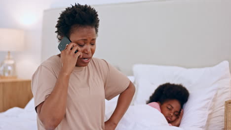 Worried,-phone-call-and-mother-with-sick-kid