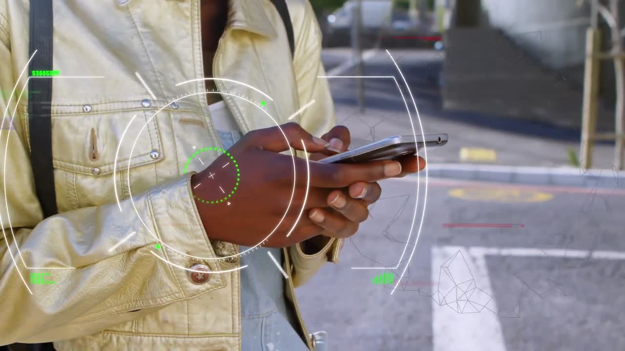 Animation of data processing and scope over woman using smartphone