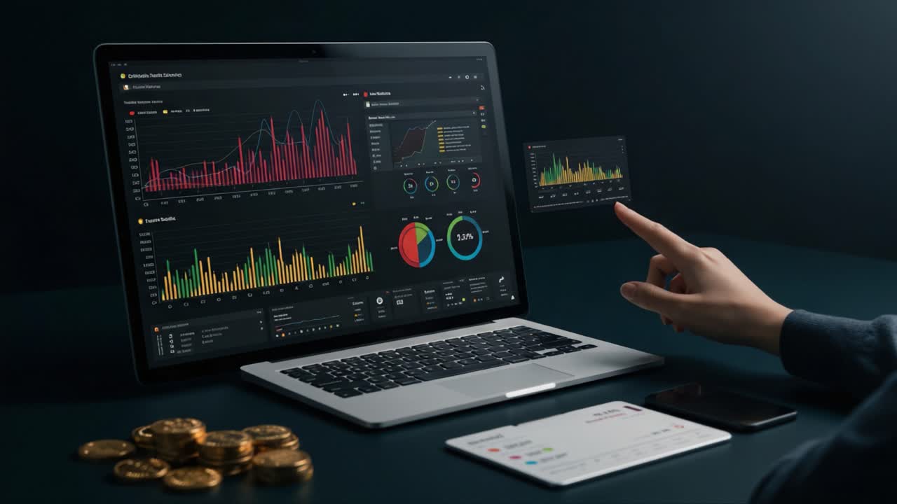 Analyzing Dynamic Data Visualizations on a Laptop, Showcasing Financial Metrics and Analytics with Graphs, Tables, and Interactive Elements in a Dark Setting