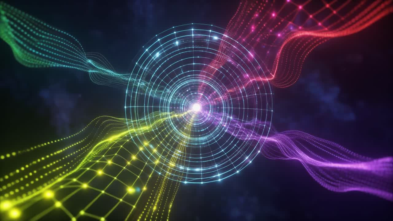 Abstract Digital Animation of Glowing Data Waves and Central Network