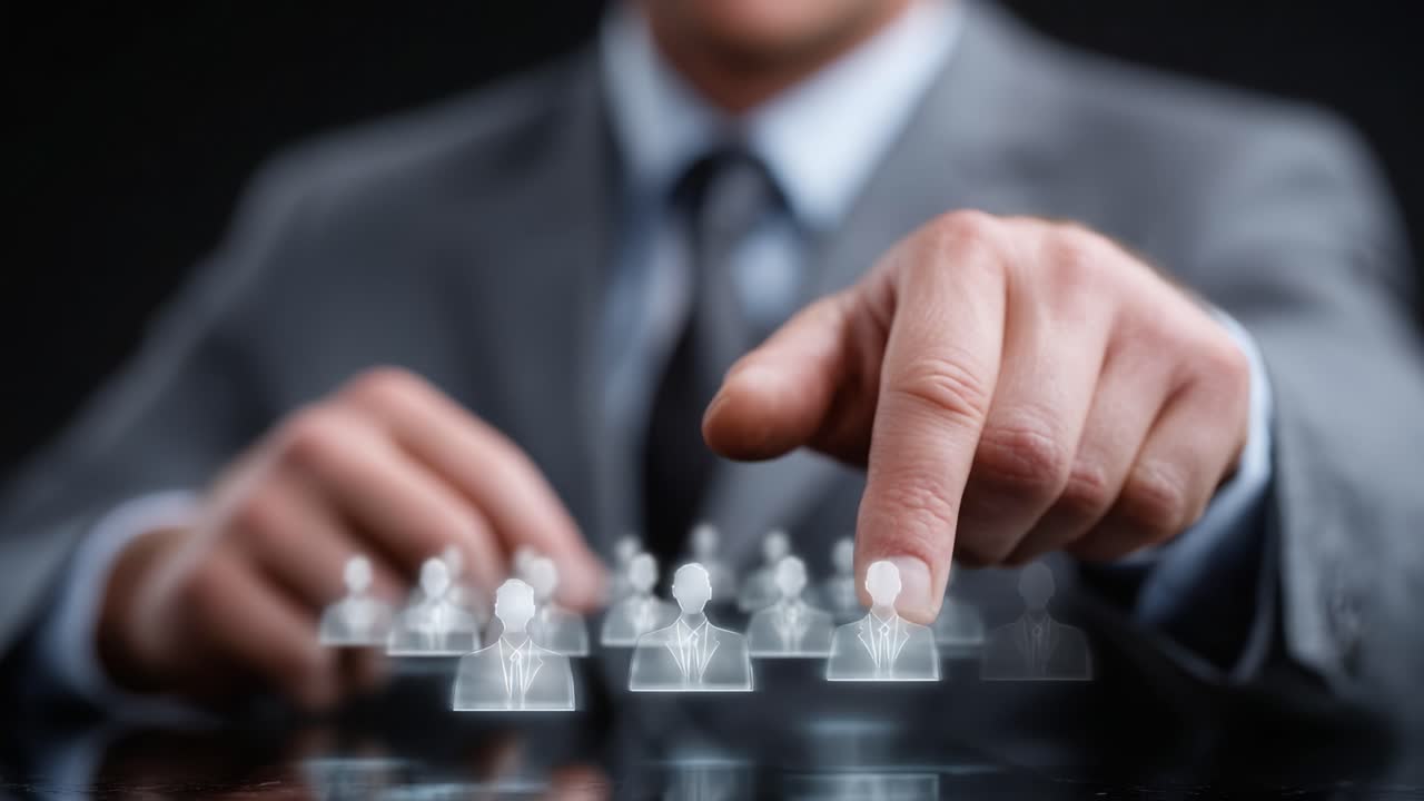 A focused business professional selects individuals from a digital pool of holographic figures, emphasizing the importance of choosing the right talent for success
