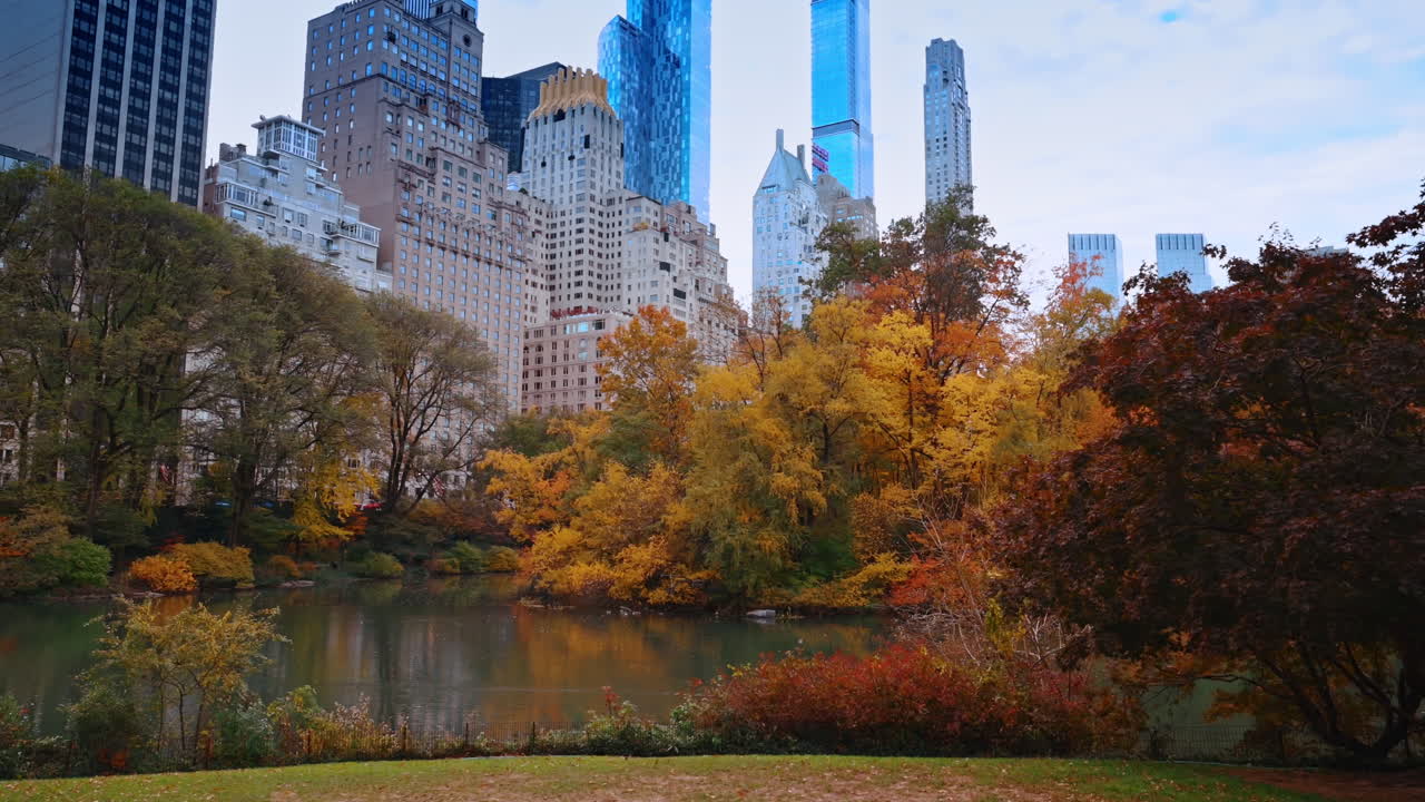 New York, USA, 22 ottobre 2025: Il fogliame degli alberi intorno allo stagno si colora di rosso, giallo, arancione. Natura luminosa a Central Park in autunno. Grattacieli di Manhattan sullo sfondo