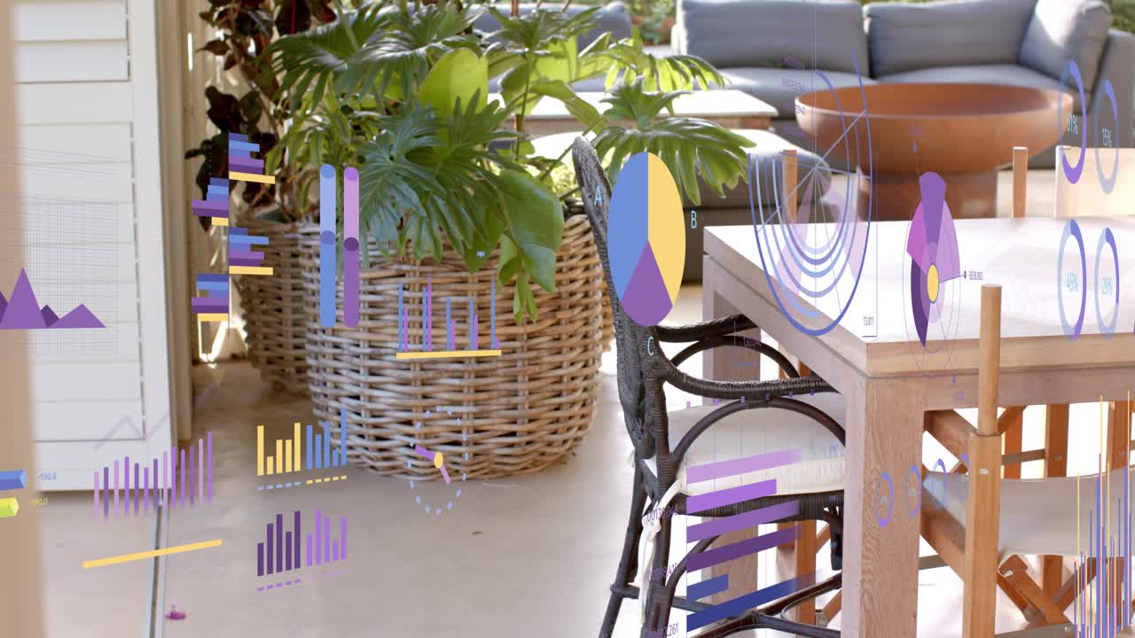 AR data graphics sliding and fading over patio camera shifting right revealing table for data