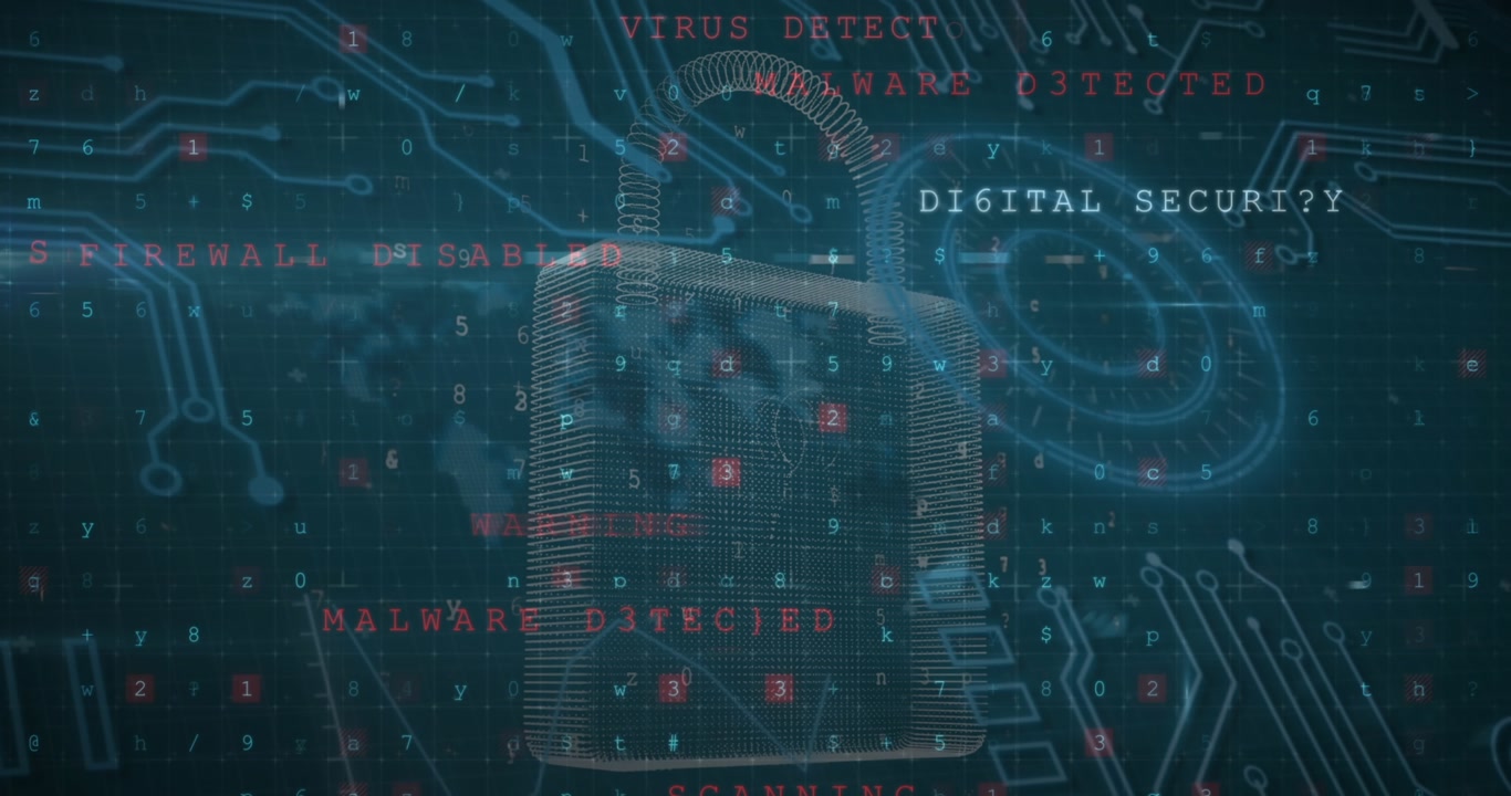 Animation of digital interface with security padlock over dark background