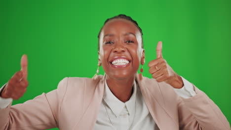 Thumbs-up,-green-screen-and-face-of-happy-woman