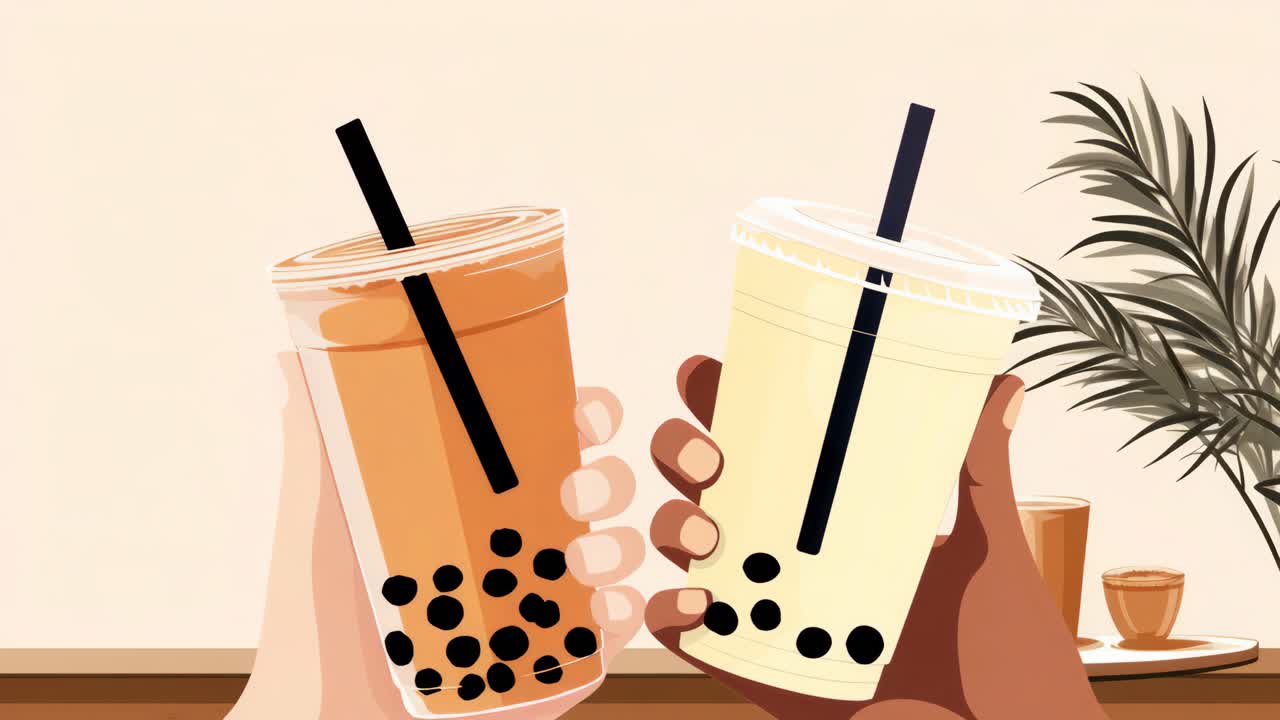 Ilustrasi dua tangan memegang cangkir bubble tea, dilihat dari sudut rendah
