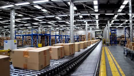 a video captures a low-angle view of cardboard boxes on a conveyor belt in a warehouse