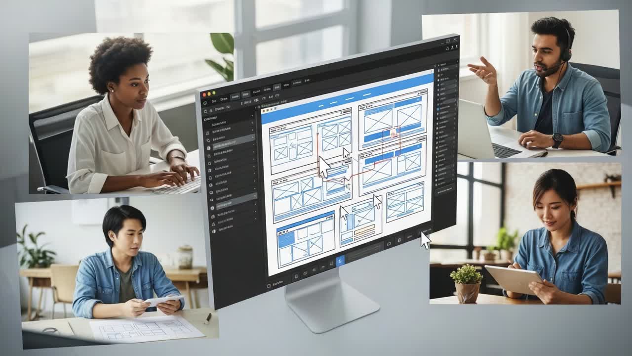 A Collaborative Digital Workspace Showcasing Design Concepts and Wireframes, Featuring a Diverse Team Engaging with Technology in an Innovative Environment for Enhanced Creativity and Interaction