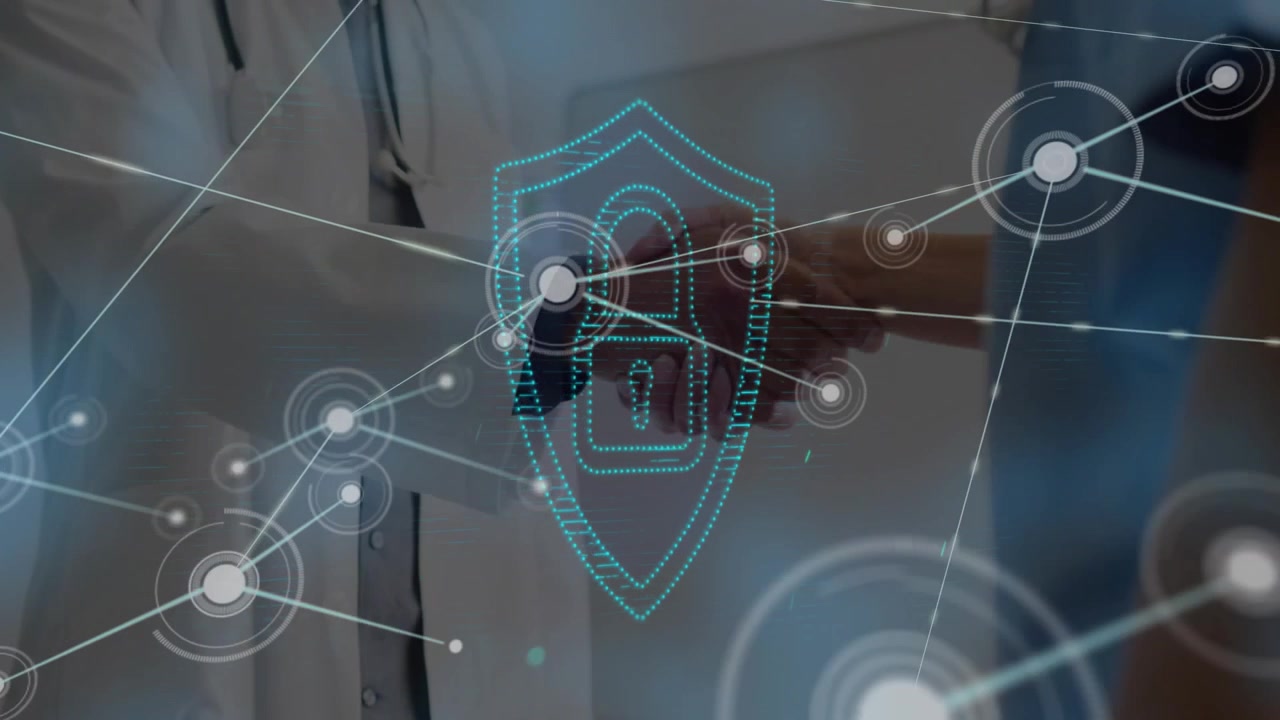 Doctor and patient shaking hands, generating padlock shield with expanding network securing deal