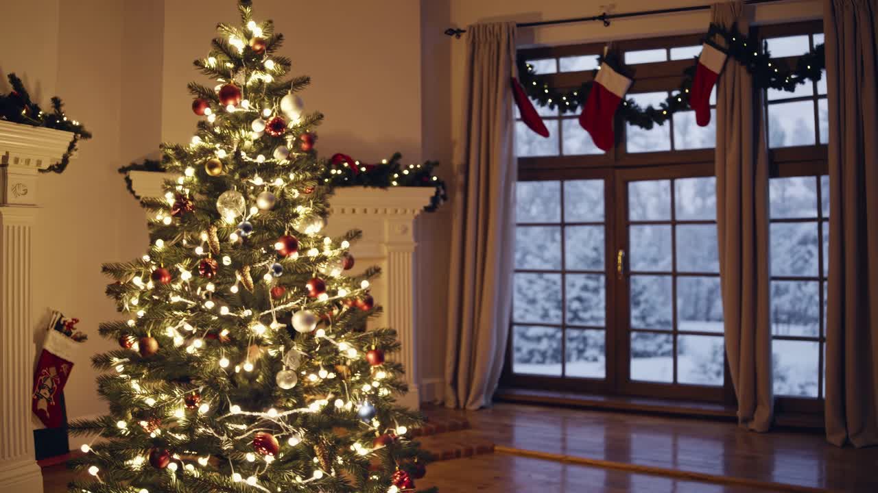 Cozy Christmas living room scene with a decorated tree, stockings, and snowy window view