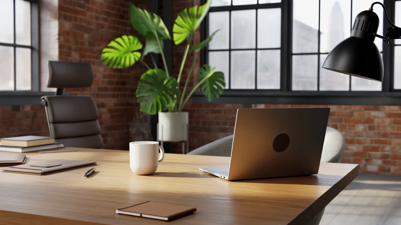 Bureau de loft avec ordinateur portable et chaise. Table en bois ensoleillée avec carnet, tasse de café, lampe moderne et plante luxuriante.