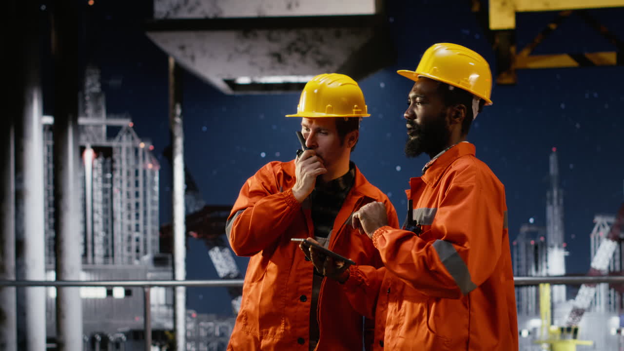 Industrial workers communicating via radio devices performing inspection
