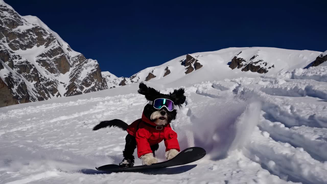 A playful video of a dog snowboarding down a snowy mountain. Captured from a low angle, the dog