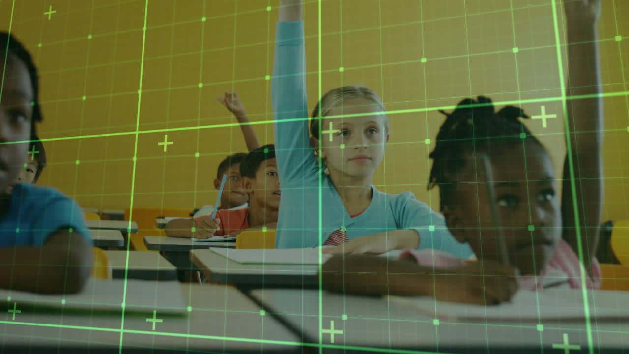 Center girl raising hand after education prompt to answer, green grid over desks highlighting hands