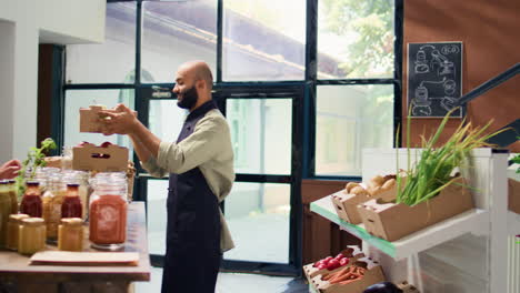 seller shows freshly harvested apples