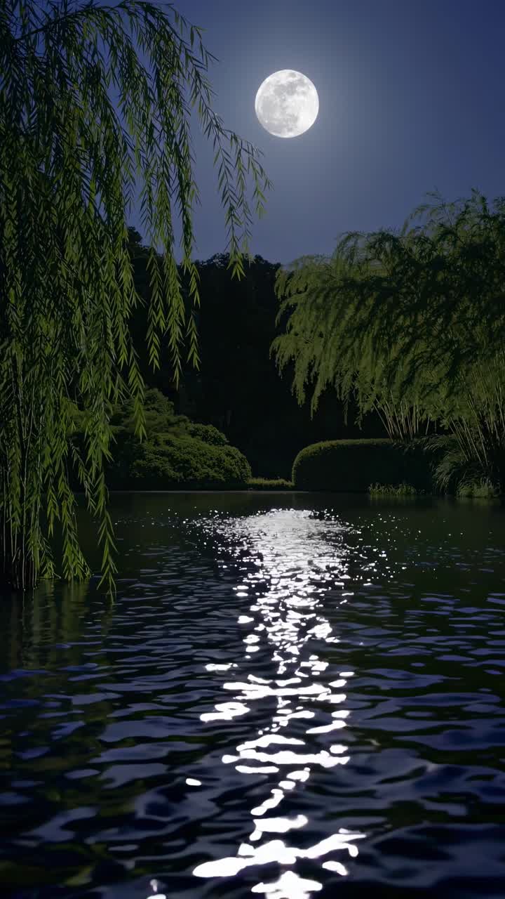 Moonlight reflecting in a pond surrounded by willow trees creates a magical and serene atmosphere at night, perfect for backgrounds or illustrations related to nature, tranquility, and beauty