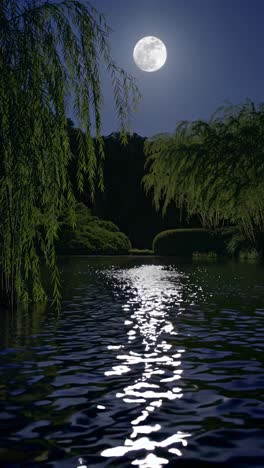moonlight reflecting in a pond surrounded by willow trees creates a magical and serene atmosphere at night, perfect for backgrounds or illustrations related to nature, tranquility, and beauty