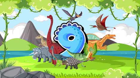 dinosaurs move across a lush landscape, culminating in a large number nine appearing prominently