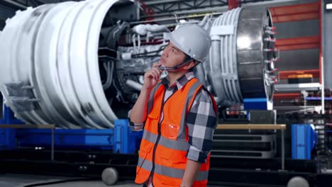 side view of asian male engineer with safety helmet thinking and looking around then raising his index finger while standing with airplane engine maintenance conducted, analytics checking the turbine