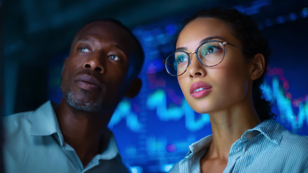 Two Professionals Analyzing Financial Data on a Digital Screen, Engaged in a Critical Discussion About Market Trends, Utilizing Advanced Technology and Analytical Skills for Strategic Decision-Making