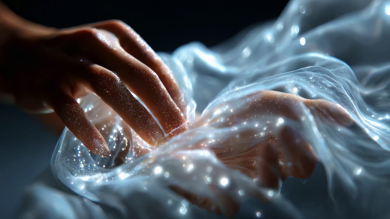 Capturing the Ethereal Beauty of Sparkling Essence as Hands Interact with a Waving Fabric of Light and Energy, Creating a Mesmerizing Visual Symbiosis in Motion