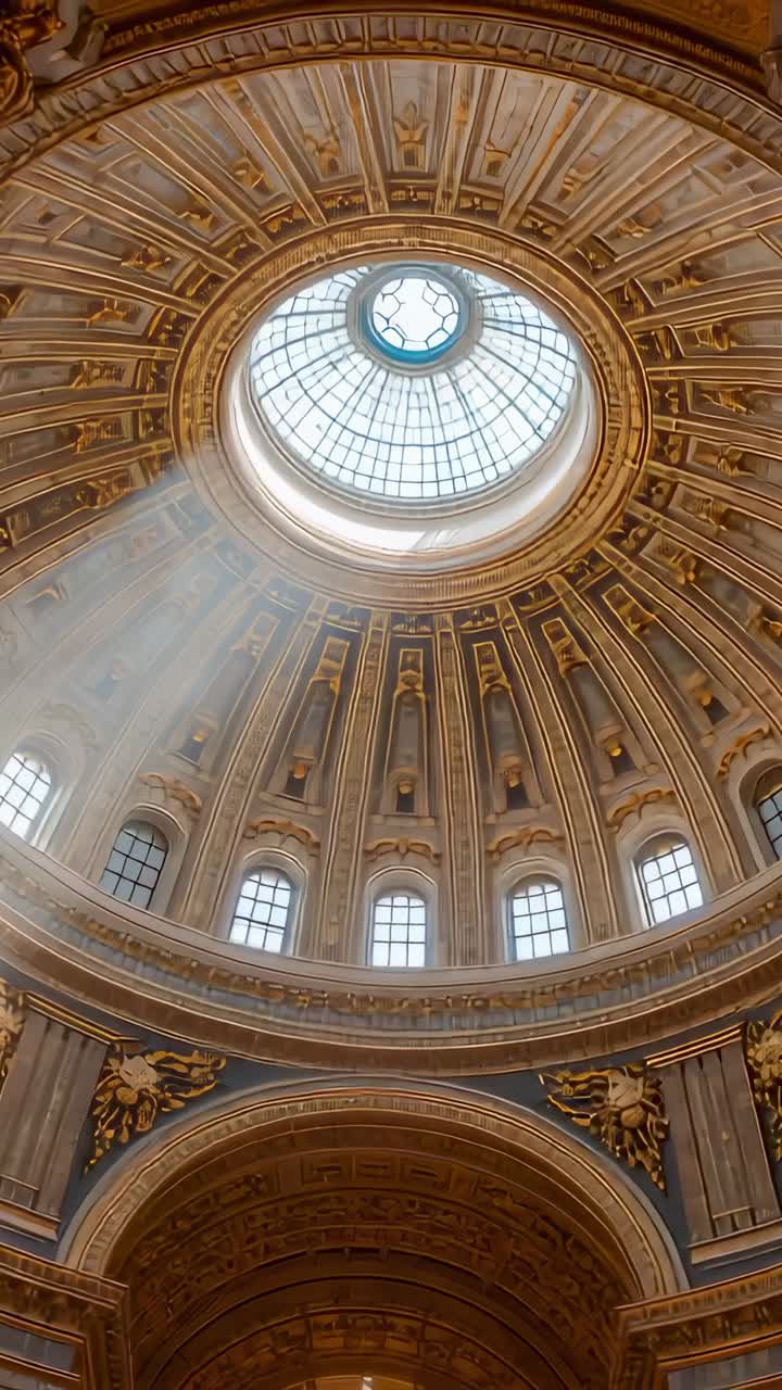 Vertical video: Opening camera tilting and rotating cathedral rotunda dome, showcasing skylight