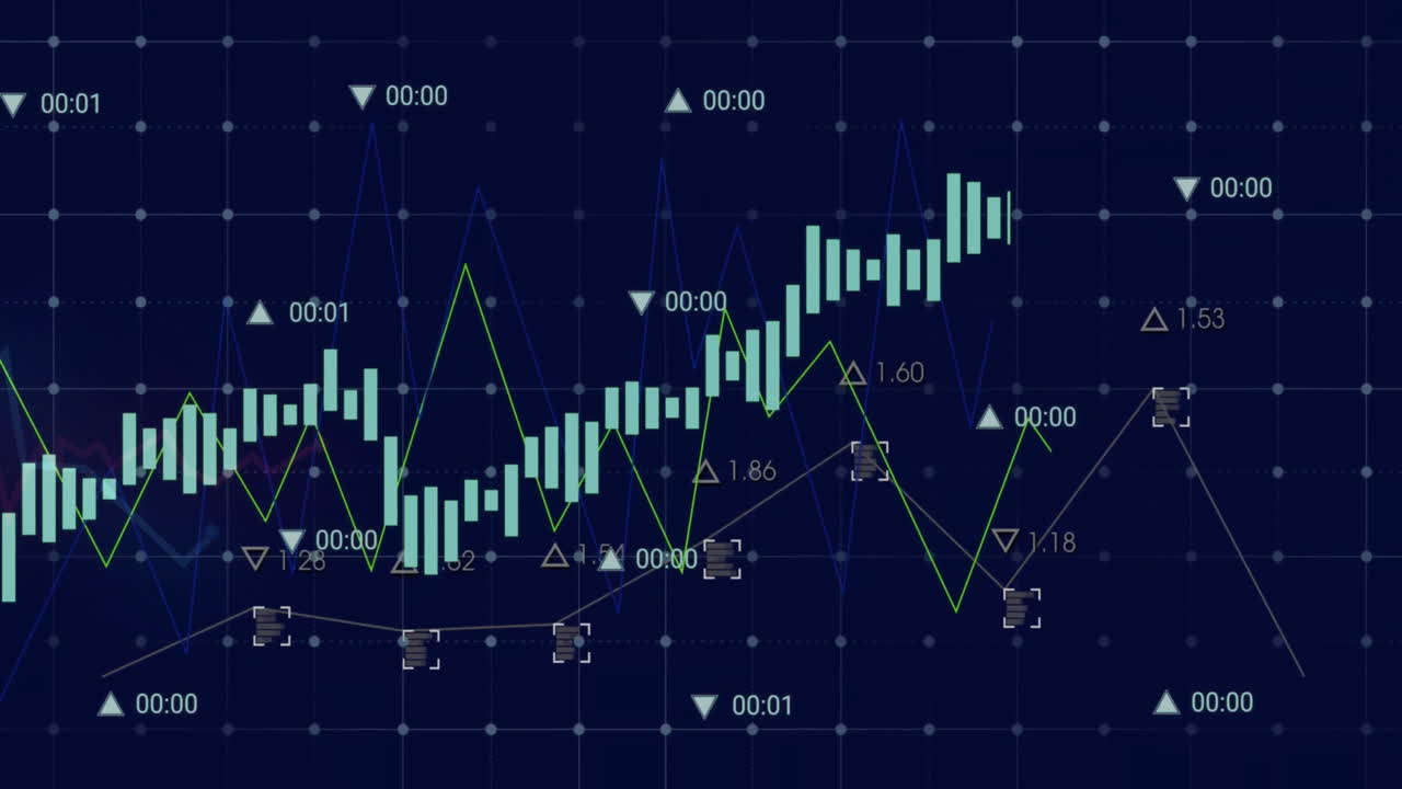 Animation of financial data processing and statistics over dark background