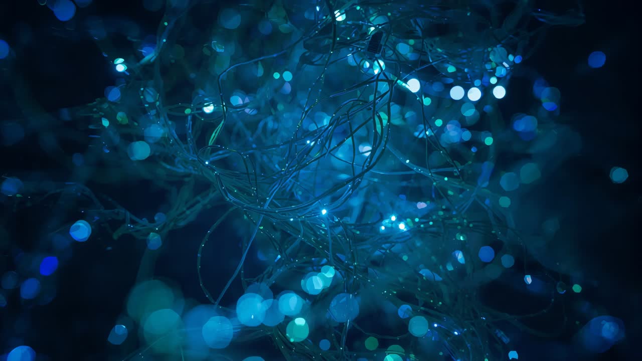 Shifting camera focus revealing finer blue-green beads on tangled filaments in dark macro setup
