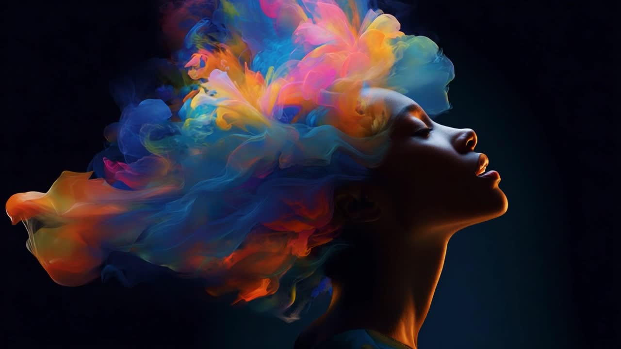 A captivating blend of colors and emotions embodied in a stunning portrait, showcasing a woman exuding serenity as vibrant hair-like wisps of paint swirl around her face in a soft glow