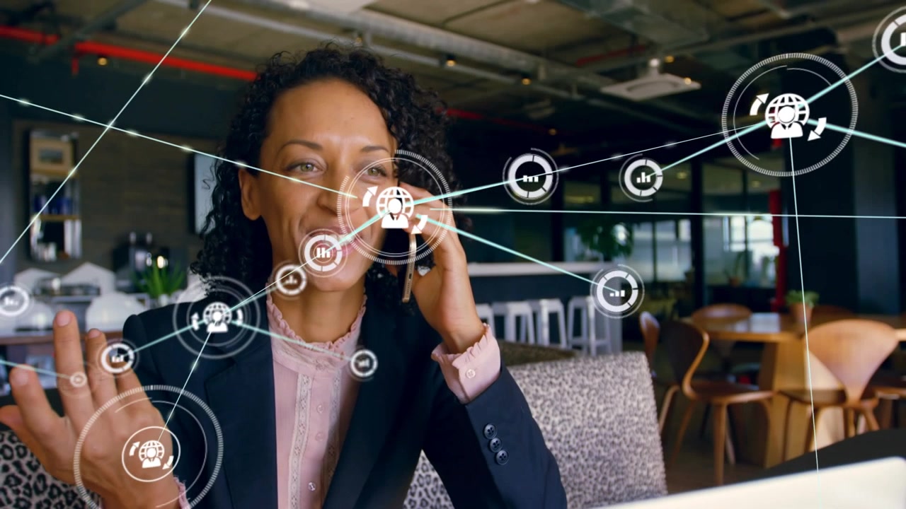 Animation of network of connections with icons over happy woman using smartphone