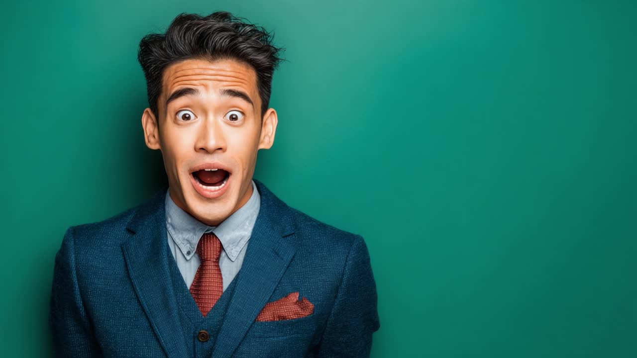 Dallo stupore all'euforia: catturare la transizione delle emozioni in un ritratto elegante su uno sfondo verde vibrante.
