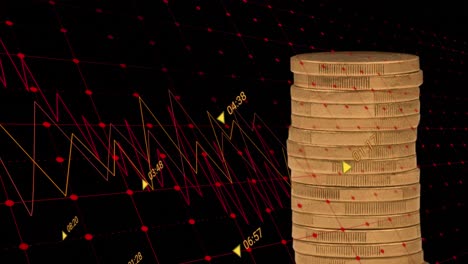 animation of financial data processing over gold coins