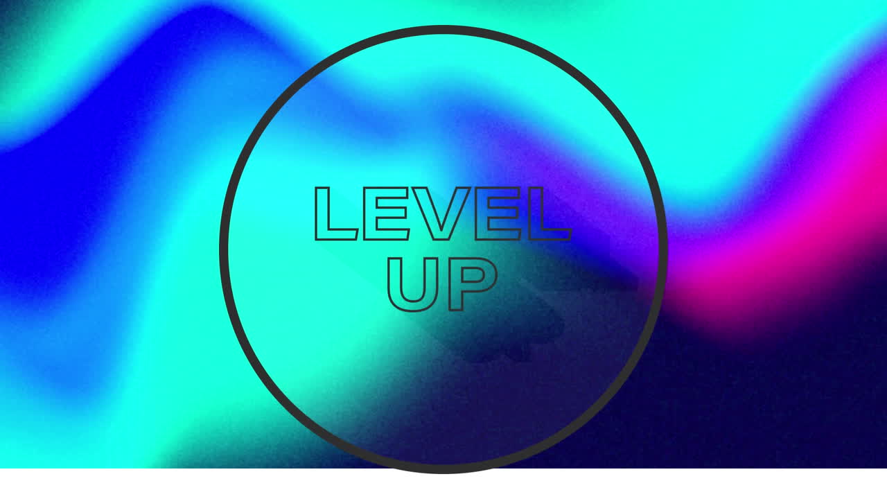 Animazione del testo "level up" con cerchio nero su sfondo pastello