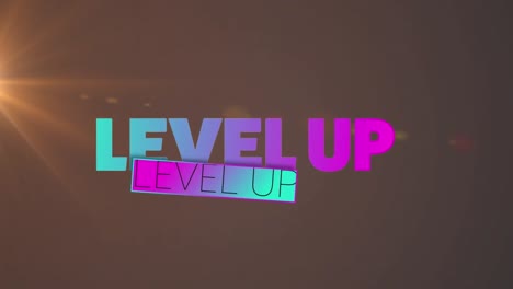 Animation-of-purple-gradient-level-up-text-banner-and-orange-light-spot-against-grey-background