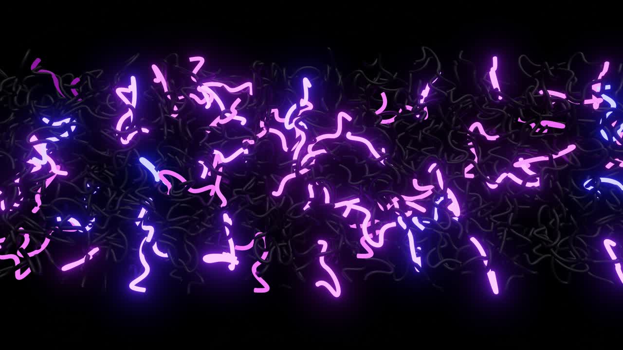 3d abstract looped background with neon light, multicolored flashes of light bulbs of unusual shapes. Curved lines flash bright in the dark. VJ loop motion design bg.