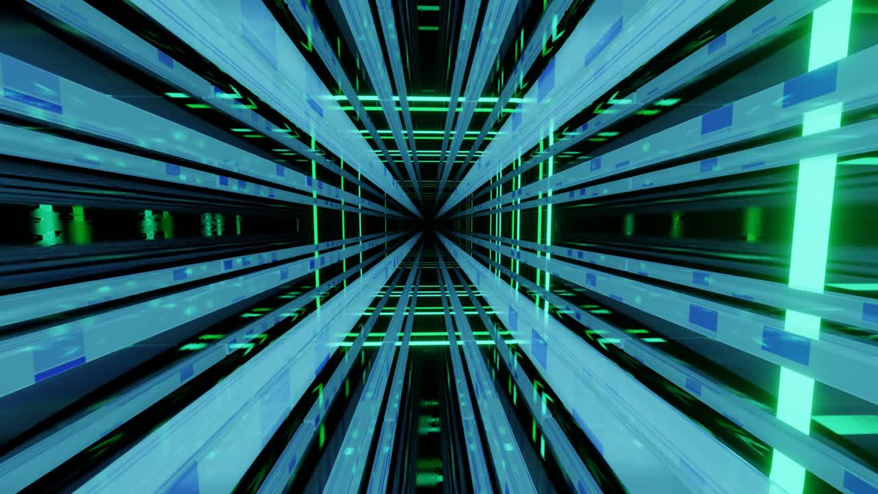 Fly through mirror designs form tunnel technology cyberspace with neon glow. Sci-fi flight through design complexity. Neon light. 3d looped seamless 4k bright background.