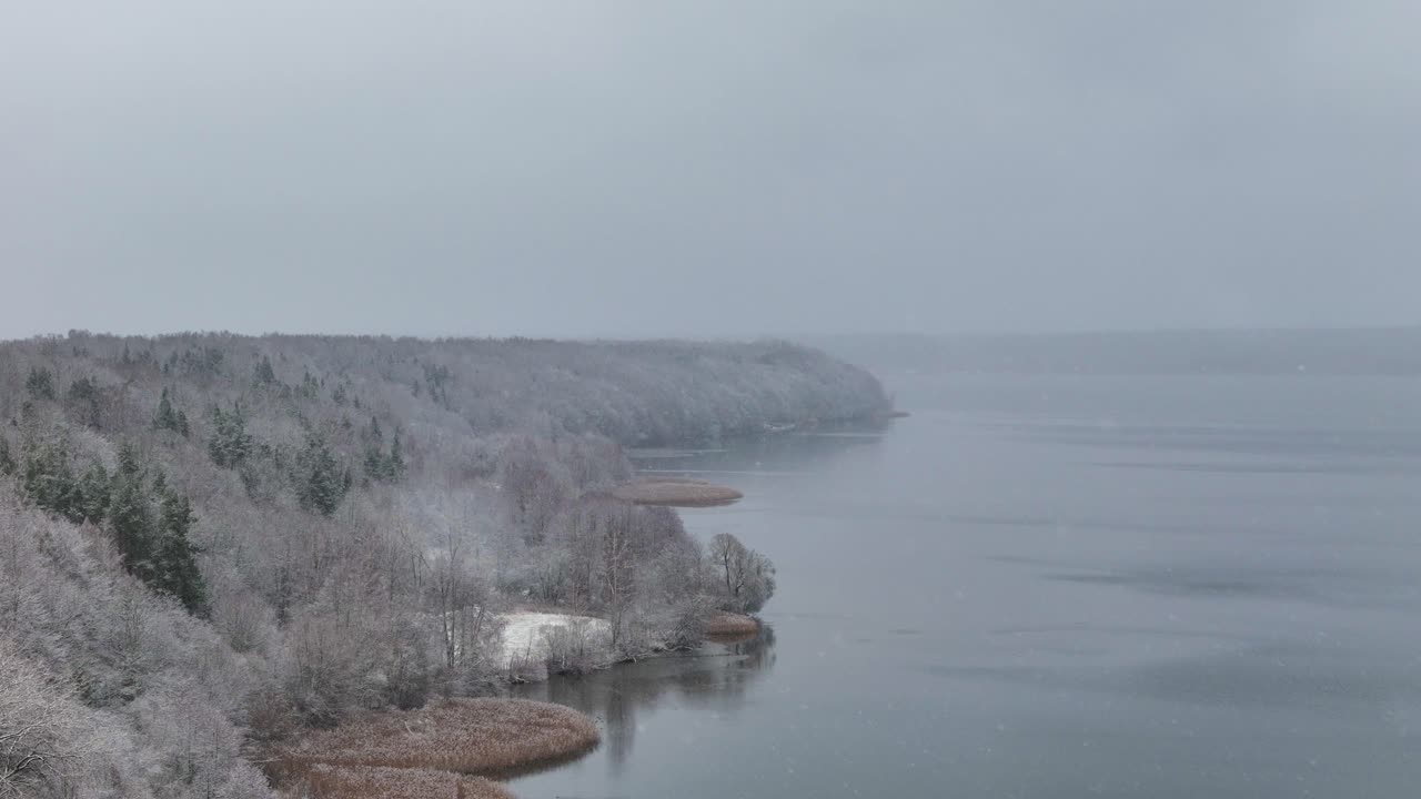 Capturing an aerial view of a snowy forest lining the serene waters of Kauno Marios lagoon near Kaunas, Lithuania, on a cloudy winter day, creating a tranquil, misty atmosphere