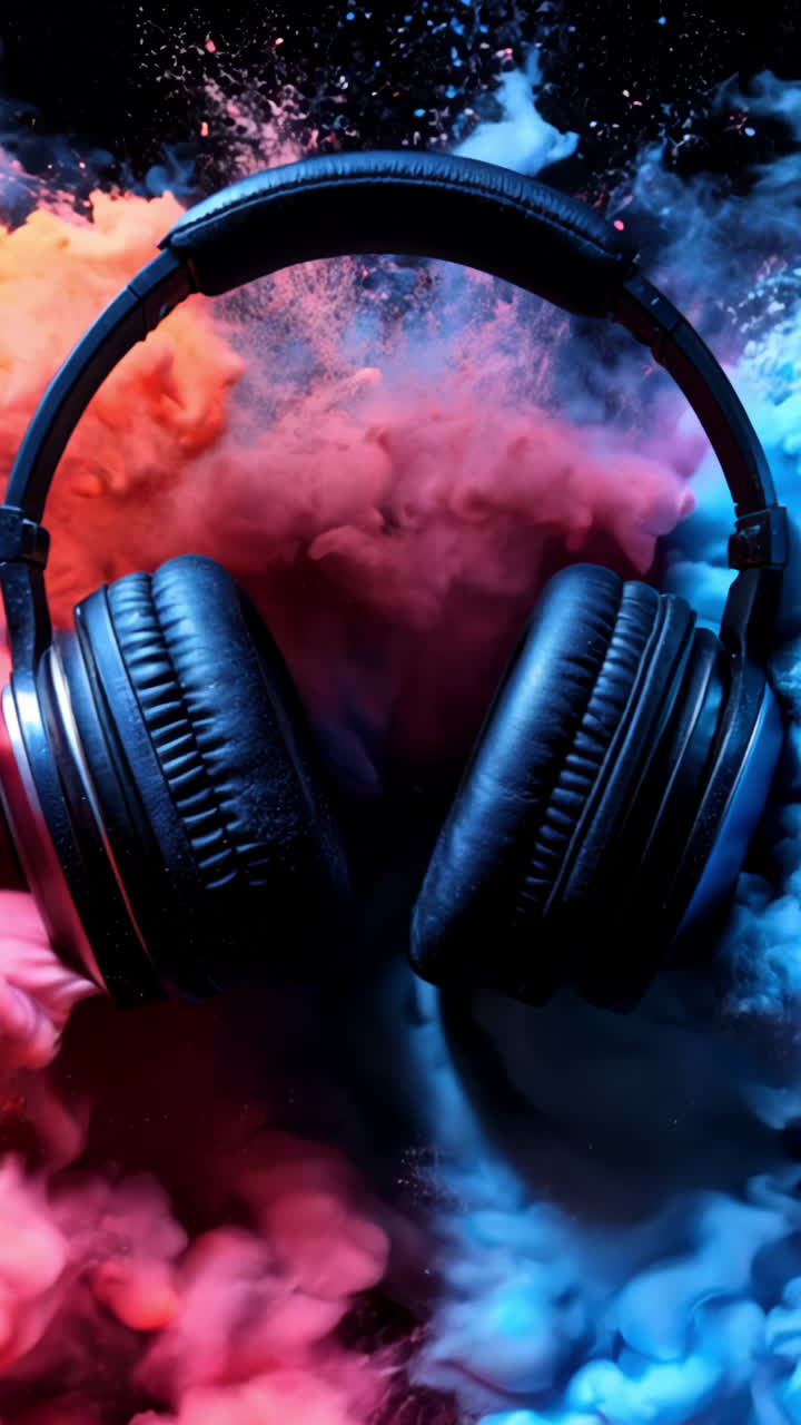 A pair of headphones is surrounded by colorful powder, creating a vibrant and energetic atmosphere. Concept of excitement and enthusiasm