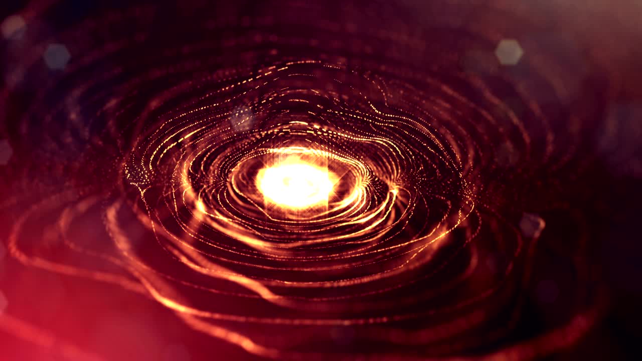 공상과학 소설의 3d 루프 애니메이션: 광장 깊이와 보케를 가진 반이는 입자의 배경, vj 루프에 대한 입자가 선과 표면 그리드를 형성합니다.