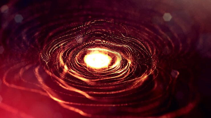 3d loop animation as science fiction background of glowing particles with depth of field and bokeh for vj loop. Particles form line and surface grid. V32 red gold spheres
