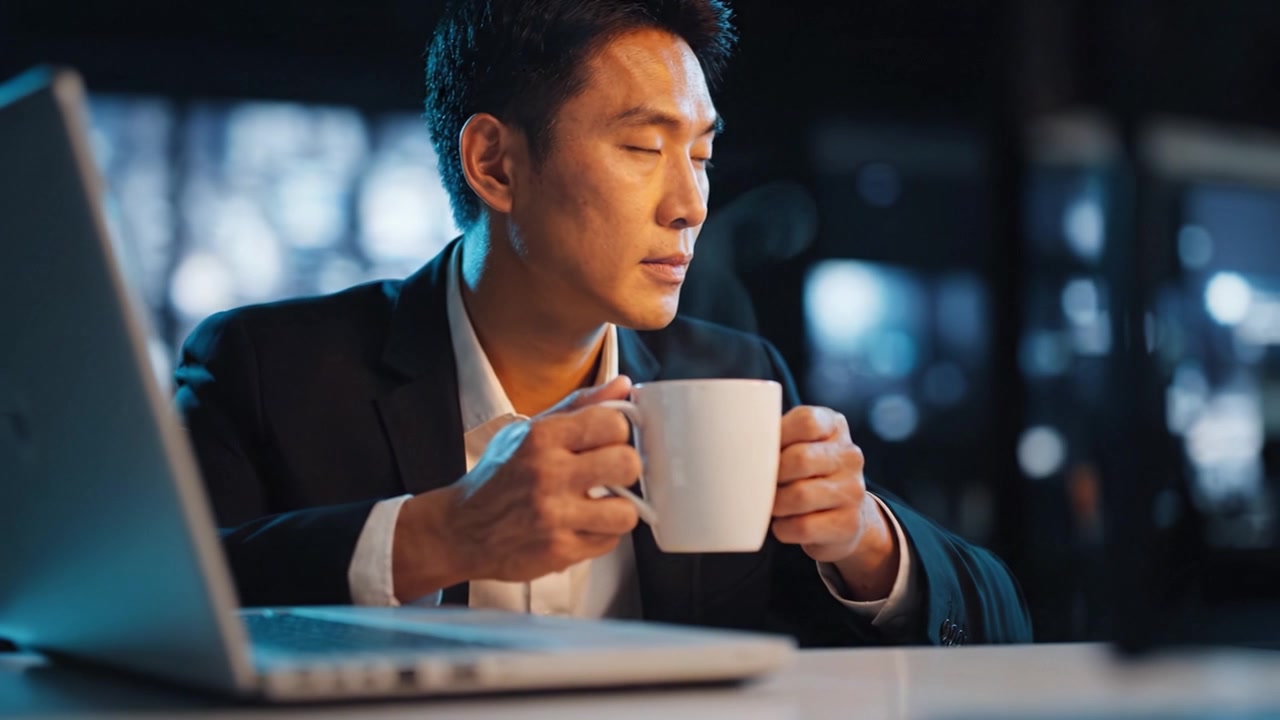 Momento contemplativo: un uomo che sorseggia caffè a una scrivania con un laptop, catturando l'essenza della concentrazione e della riflessione in un ambiente di lavoro moderno