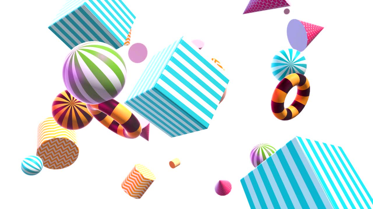 날아다니거나 떠다니는 간단한 기하학적 형태와 함께 추상적인 다채로운 배경, 다채로운 장식적인 loopable 3d 애니메이션, 밝은 현대 모션 구성.