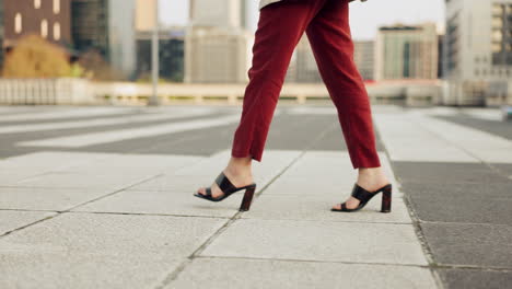 business woman, shoes and walking on sidewalk