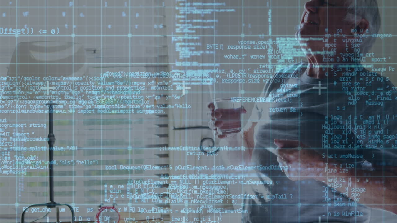 약을 복용하는 노인들에 대한 디지털 데이터 처리의 애니메이션