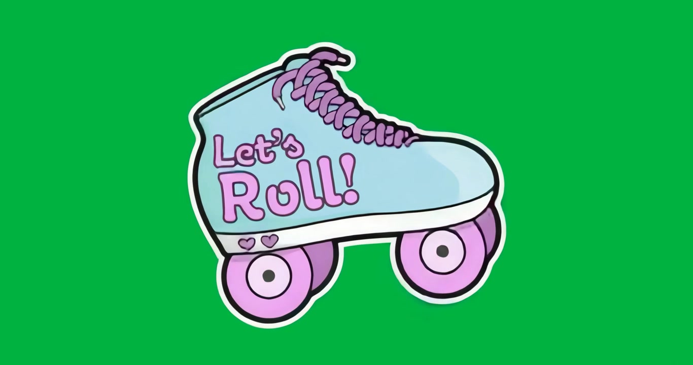 On appearing roller skate boot tilting up then down on transparent backdrop showing Let's Roll