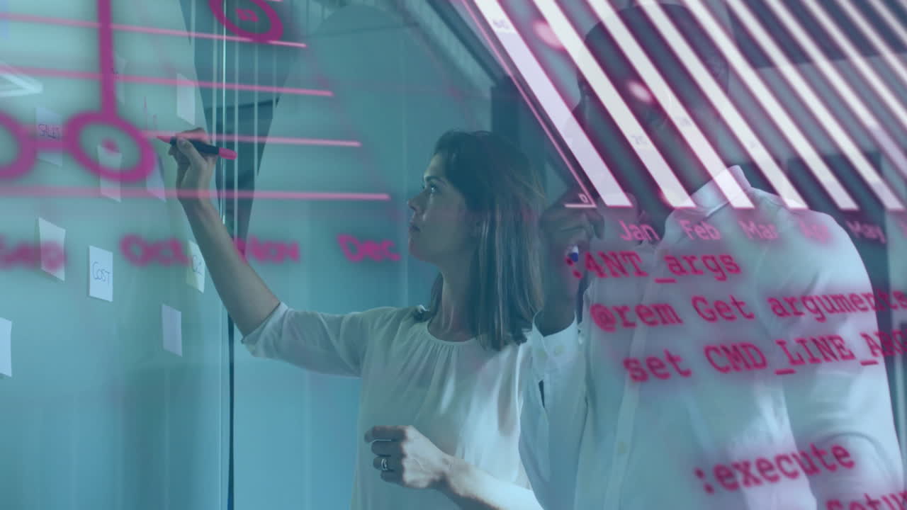Animation of financial data processing over diverse colleagues discussing work in office