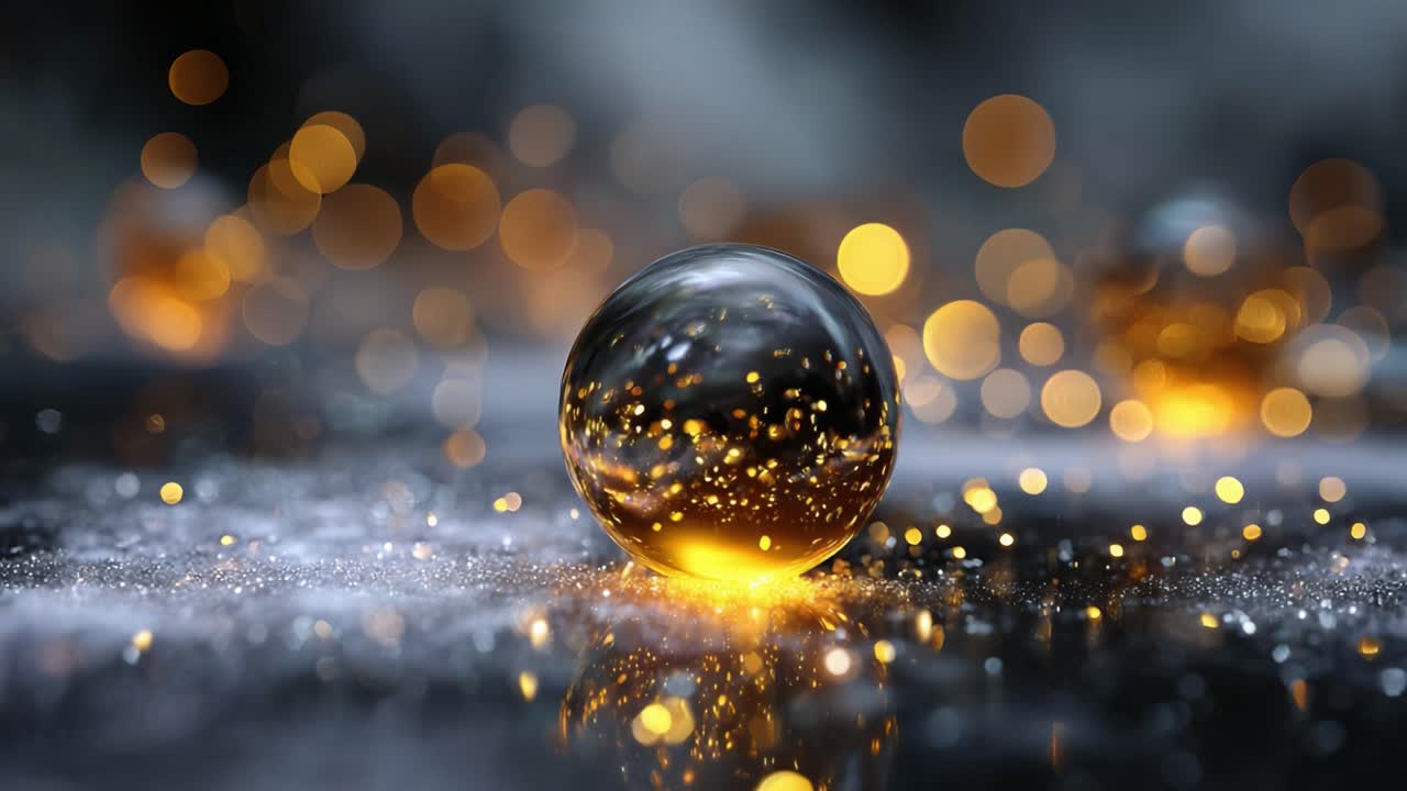 Un globo scintillante circondato da luci bokeh scintillanti su una superficie scura, che cattura l'essenza di un magico gioco di luci e riflessi mozzafiato.