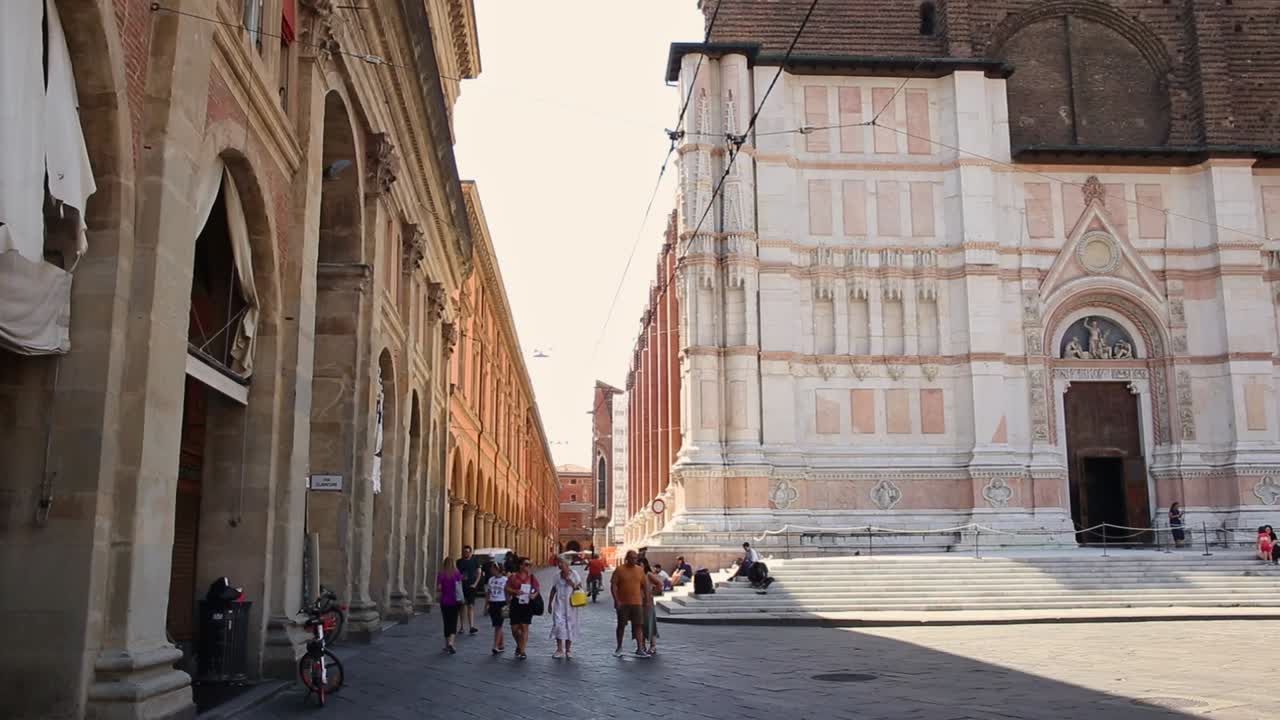 Facade of San Petronio Basilica in Piazza Maggiore, Bologna, Italy