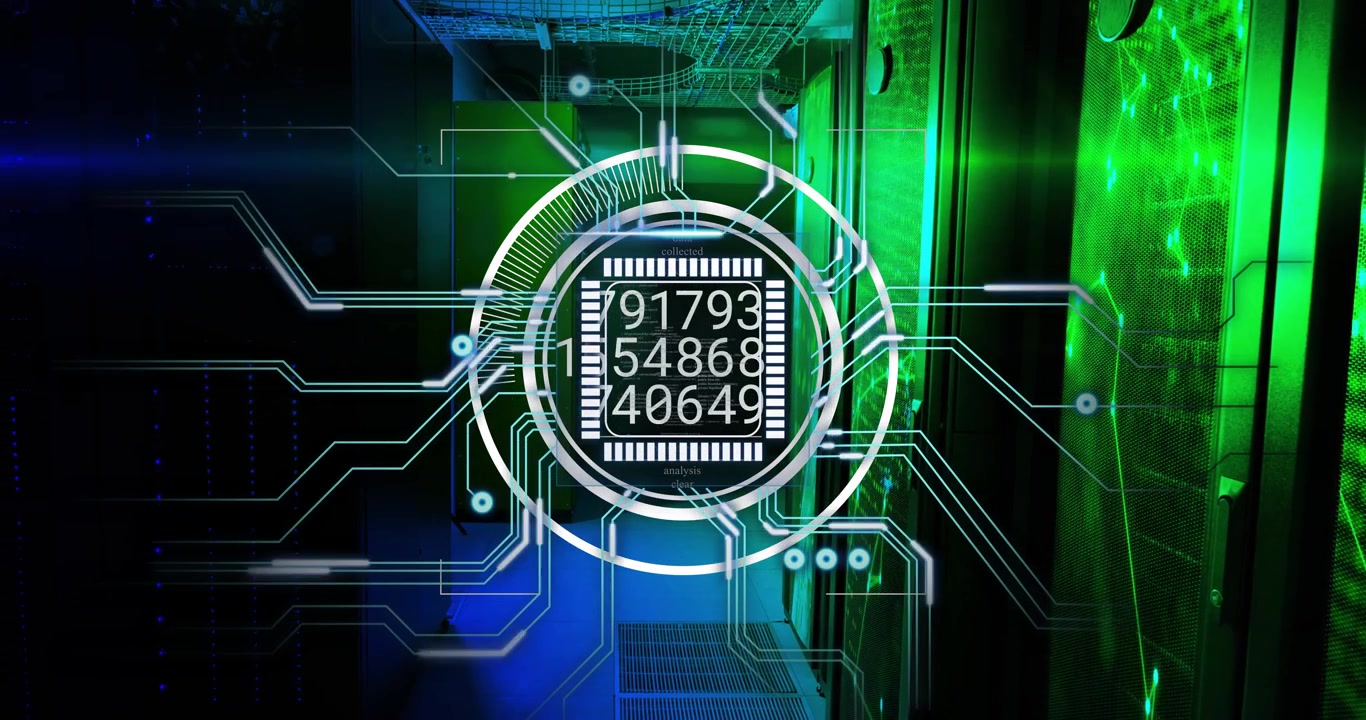 Chip HUD advancing progress, starting numeric streams and lighting circuit nodes in datacenter